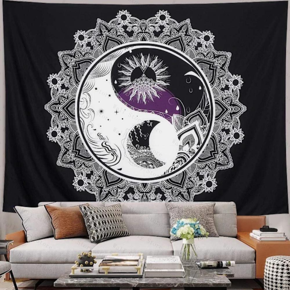 Psychedelic Mandala Yin Yang Tapestry Sun Moon Boho Wall Hanging Black White Tapestry Aesthetic Wall Decor for Bedroom Tapestry