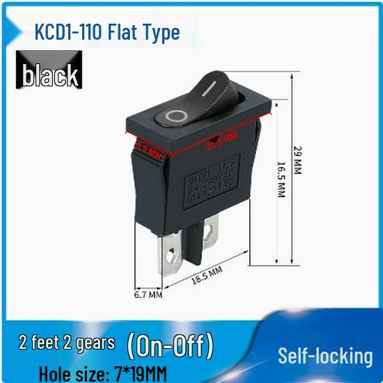 KCD1-110 Red/Black Thin Flat Rocker Switch, 2 Pins, 2 Positions, 6A 250V, 9.5x21MM Instrument Switch