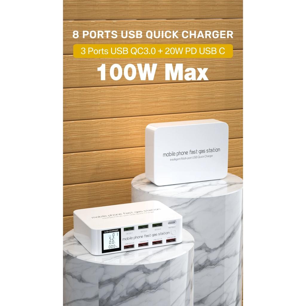 8 Ports USB Fast Charger Quick Charge QC3.0 PD3.0 Multi USB Charging Station LCD Digital Display Fast Charger for Iphone Android