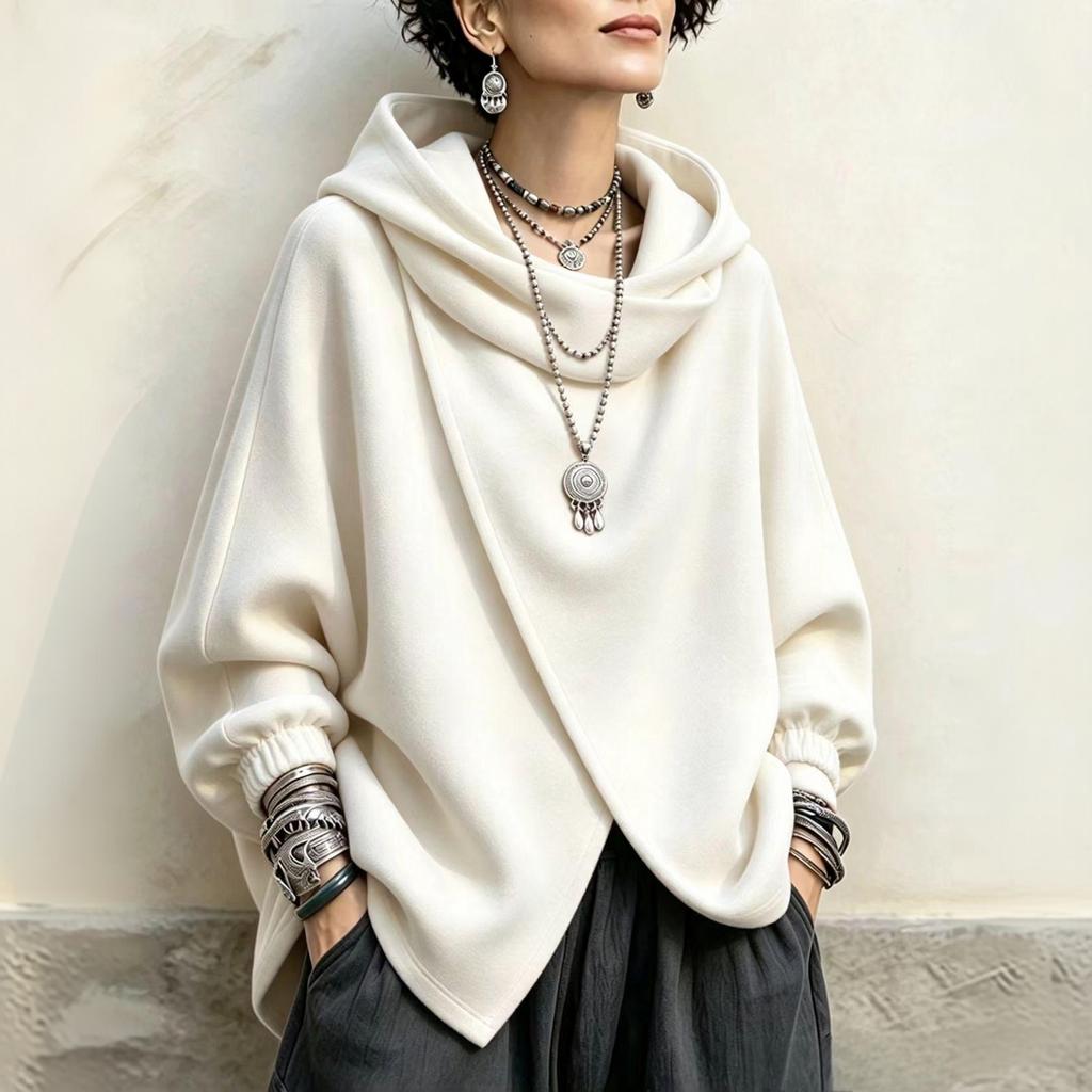 Women's Hooded Cape- Casual Jacket with Asymmetric Cross Hem for Everyday Wear