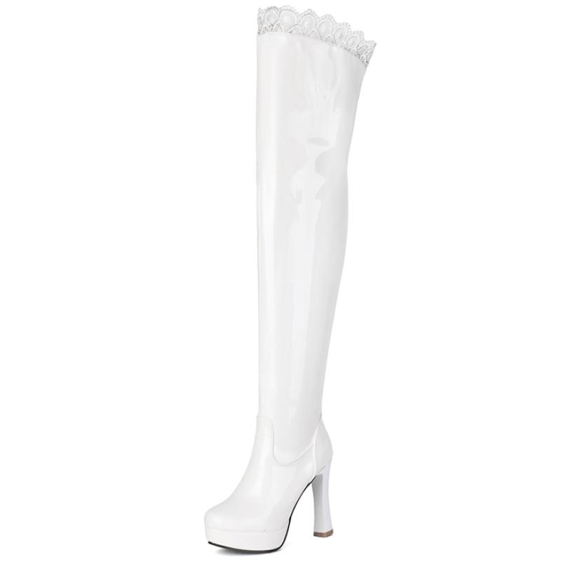 Sexy Thigh High Boots Women Platform High Heels Over the Knee Boot Patent Black White Long Nightclub Shoes Lady Large Size 48