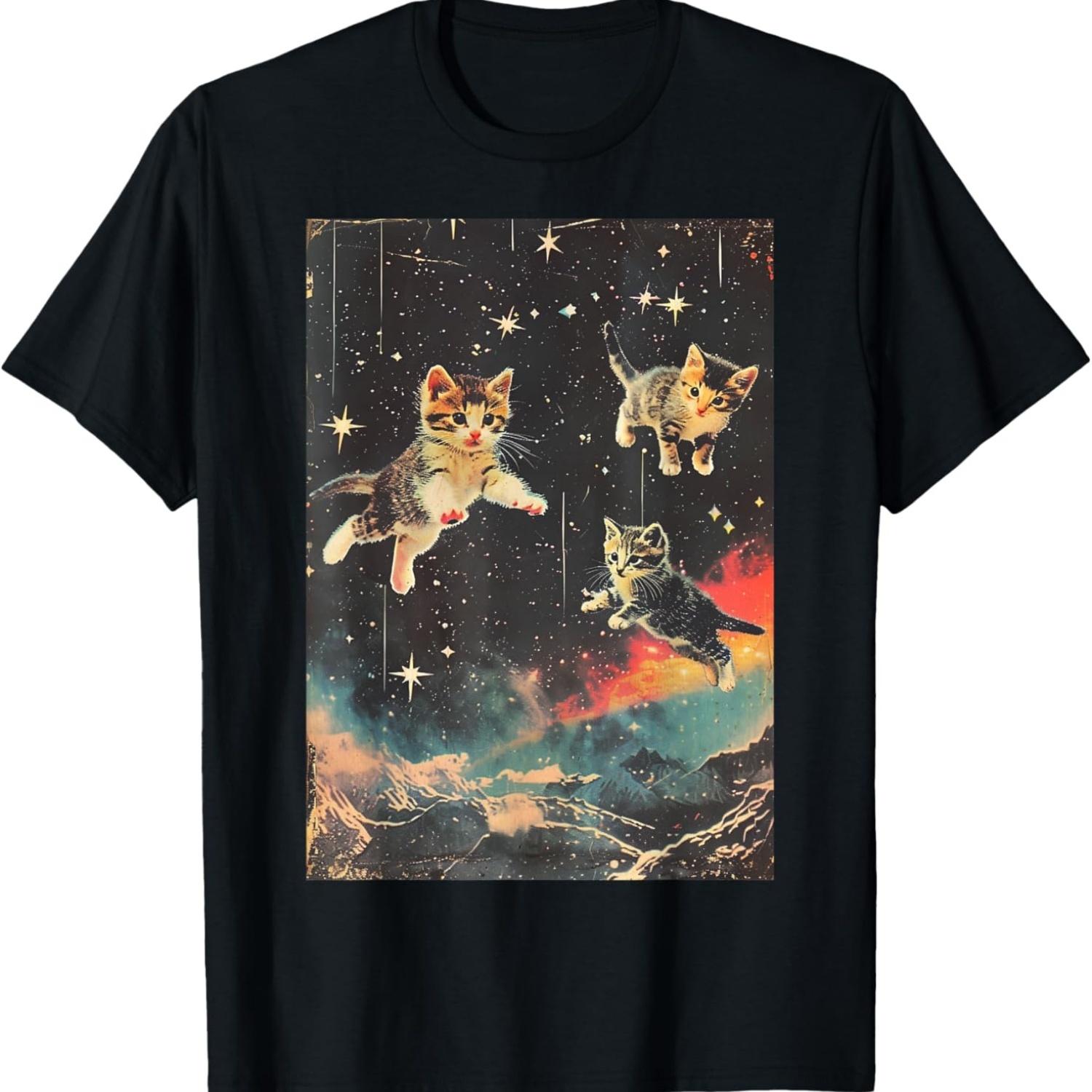 Funny Kittens Cat in Space Cute Vintage Art Retro T-Shirt S чёрный