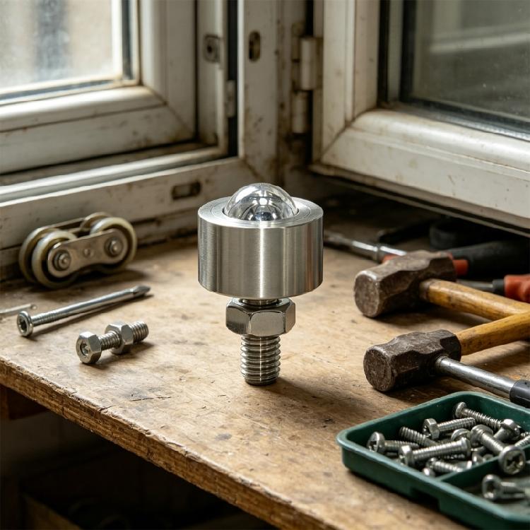 Ball Transfer Unit with Steel Body, Mount Collar and Base Post for Material Guidance and Fixture Base Tasks Use