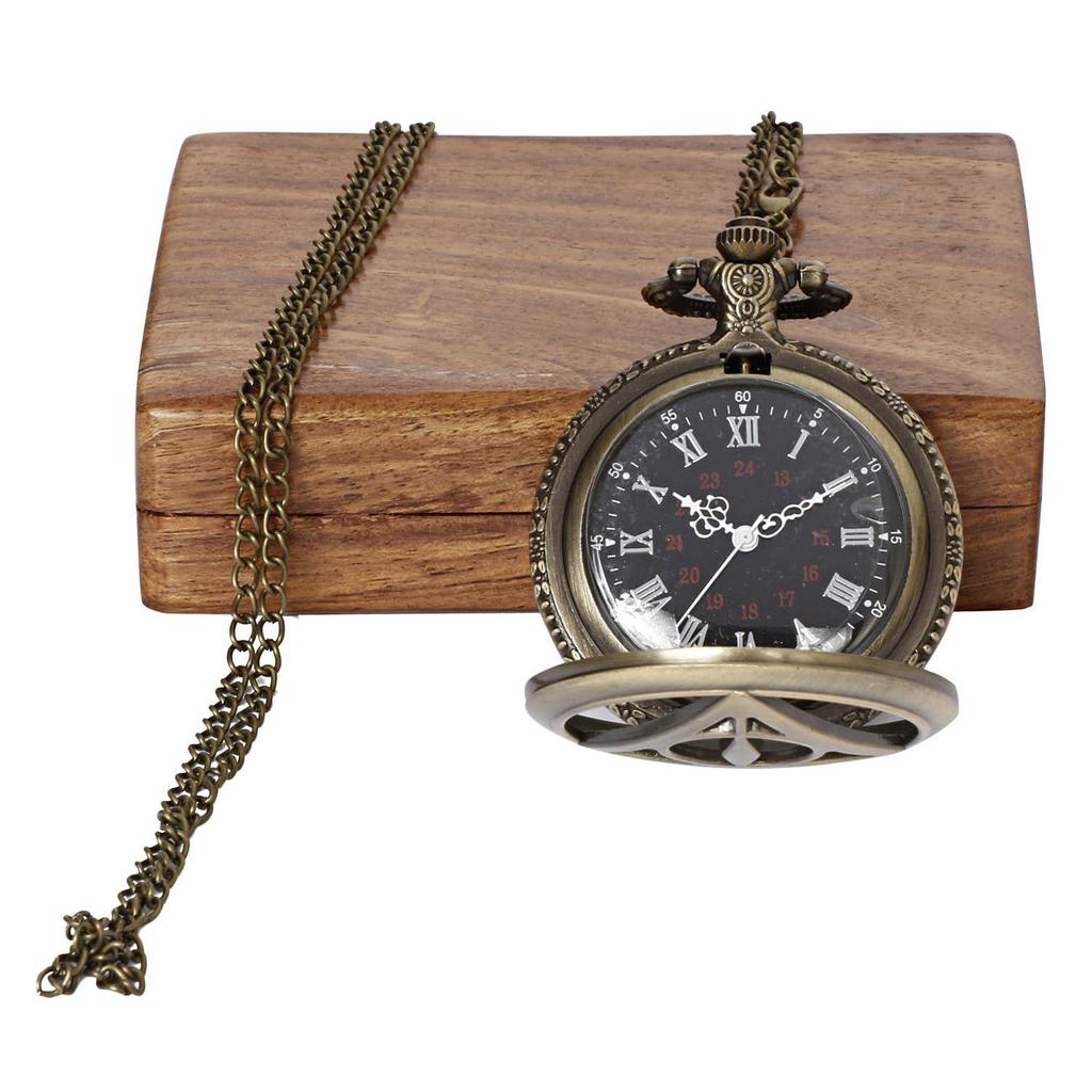 Triangle Analog Locket Pocket Watch with Long Chain and Roman Numbers Jewellery Necklace with Wooden Box for Women and Men