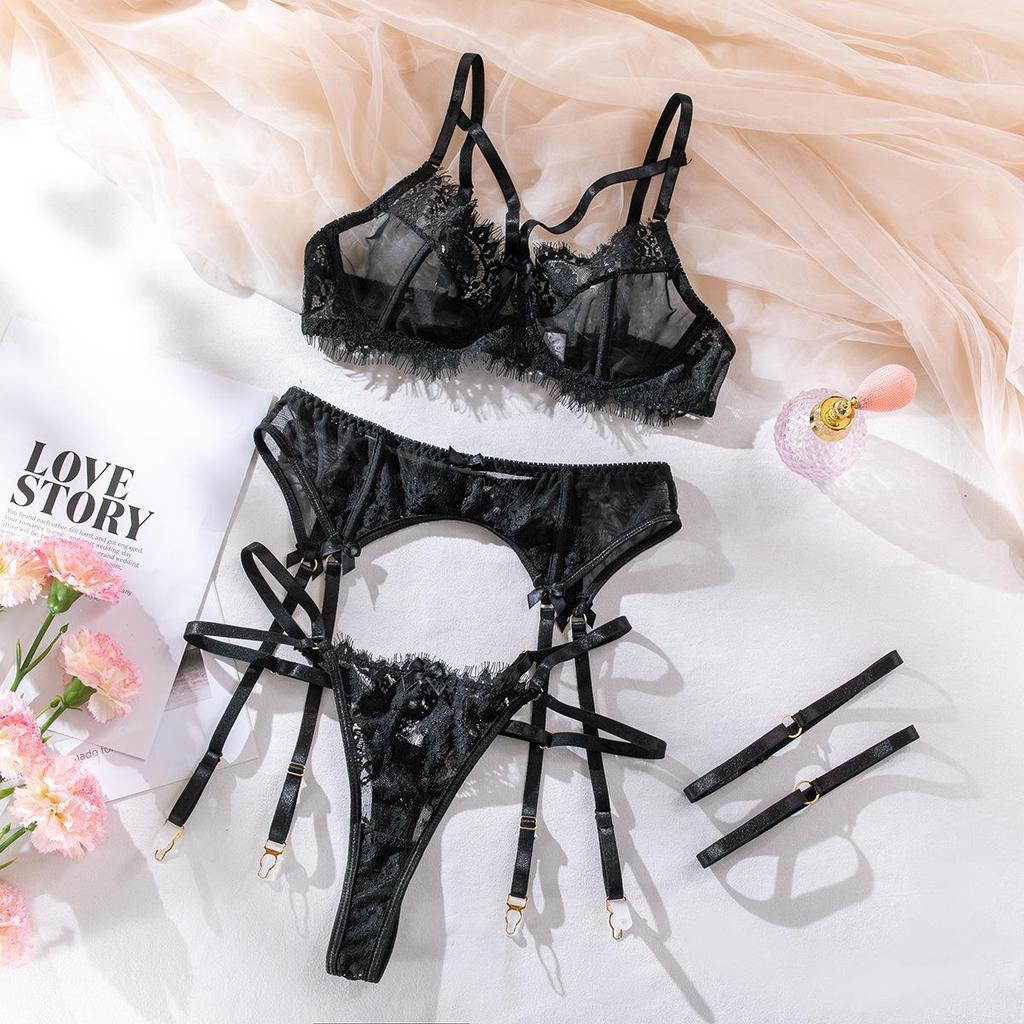 Hot-Selling Mesh Lace Patchwork Lingerie Set: Sexy See-Through Push-Up Four-Piece for Women
