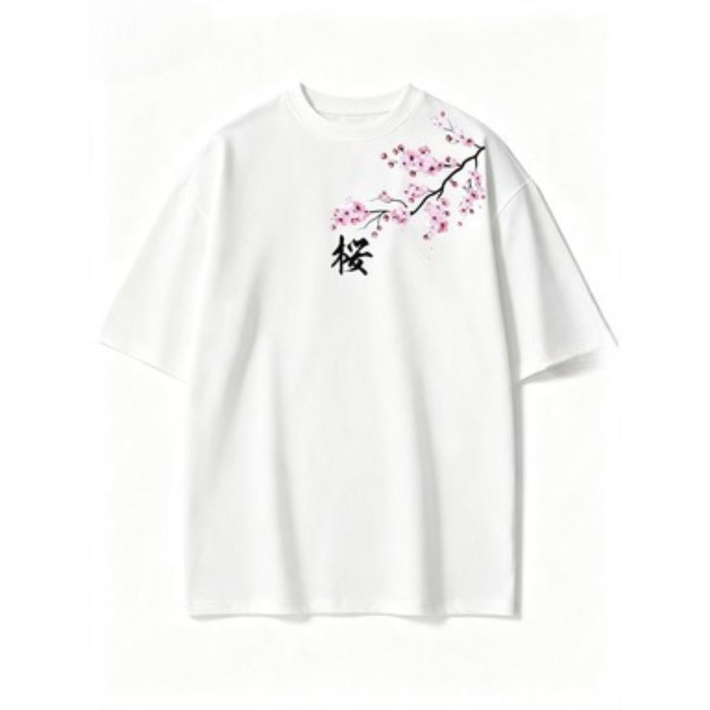 Summer Unisex Cherry Blossom Pattern Japanese Style Loosetee Shirt Suitable For Daily Wear Material Trendy Versatile Short Sleeve