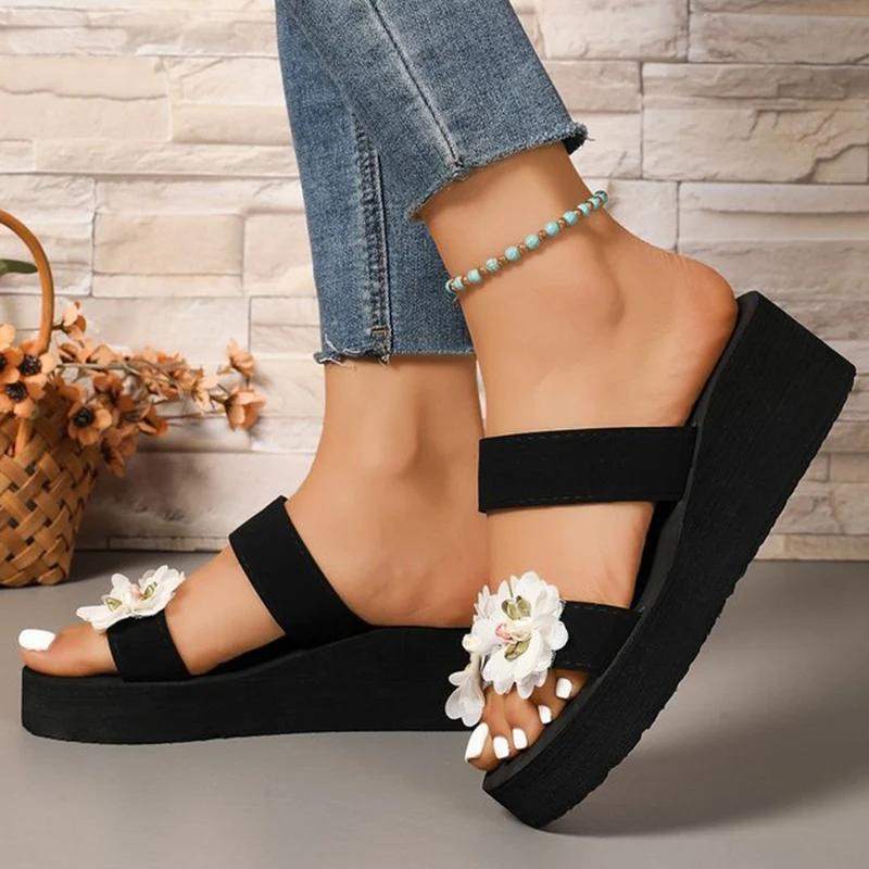 Fashion Sweet Flower Decor High Heel Slippers Women Summer Arch Support Open Toe Sandal Ladies Fashion New Flock Wedge Flat Slides Mujer