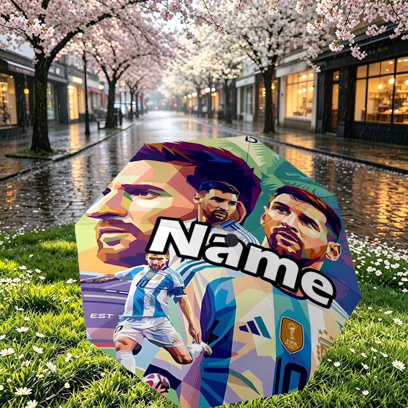 Custom Name Personalized Lionel Messi Print Umbrella, Auto Open Close, 8‑Rib Sturdy Frame, Commute Camping Hiking Use, Birthday Gift