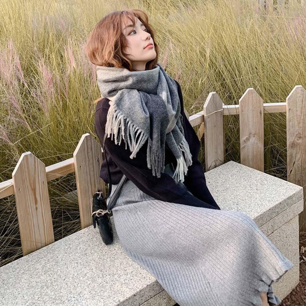 Wool Classic Plaid Scarf Soft Long Neckscarf with Tassel Large Knitted Wool Scarf  Outdoor