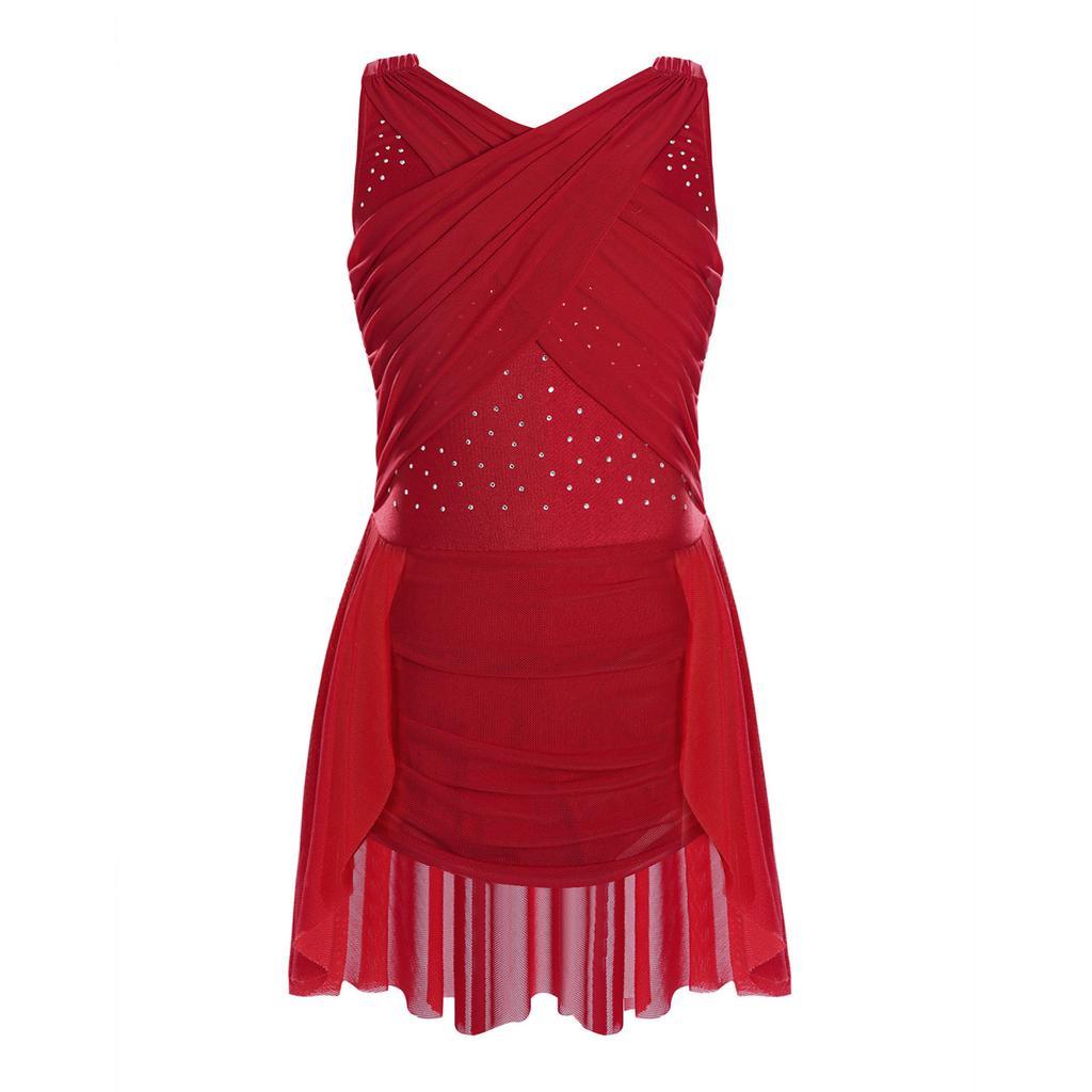 Girls Lyrical Dance Dress Cross Mesh Overlay Cutout Back Design Shiny Rhinestones Irregular Hem Figure Skating Gown