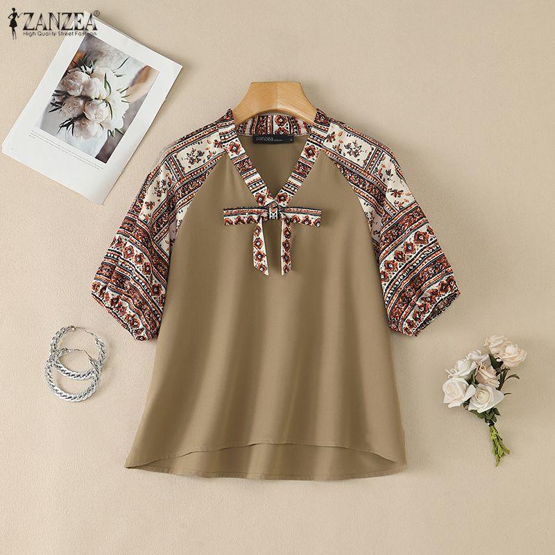 ZANZEA Camicetta Casual da Donna con Stampa Etnica, Scollo a V, Manica Corta Ampia
