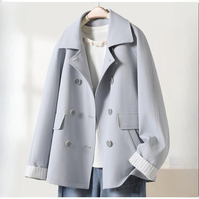 Women's Double Breasted Trench Coat Cuffed Sleeves Contrast Korean Style Elegant Versatile