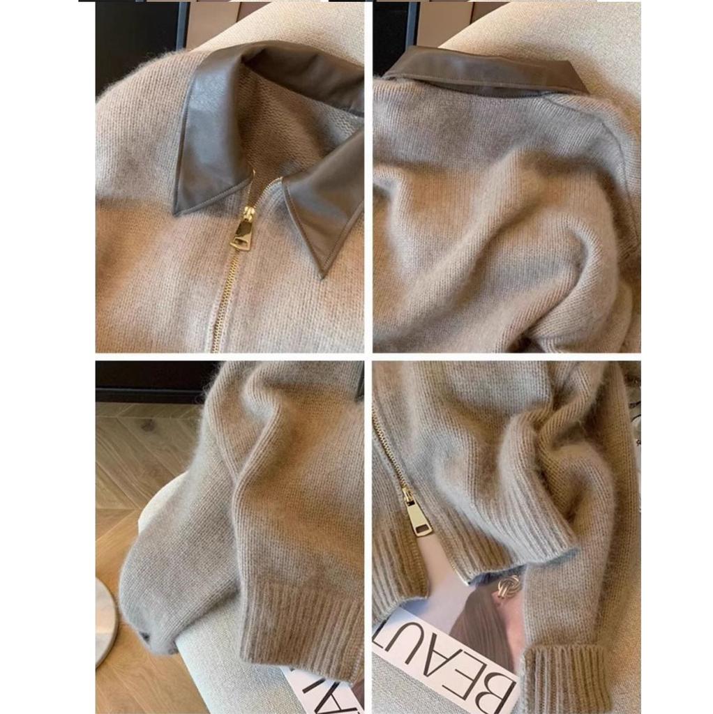 Coat Patchwork Leather Collar Zipper Short Fashion Socialite Spring and Autumn Sweater Cardigan for Women