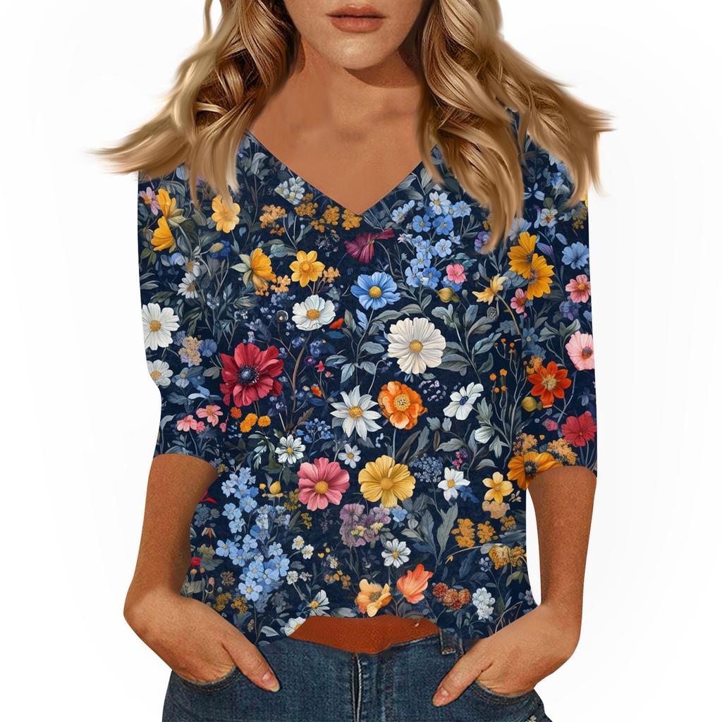 Women's Tops Three-quarter Sleeve Shirt V-neck Loose Casual Shirt Print T-shirt
