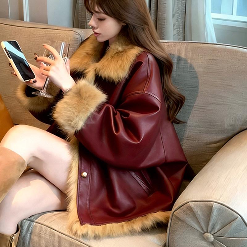 Women's Red Leather Motorcycle Jacket with Faux Fox Fur Trim