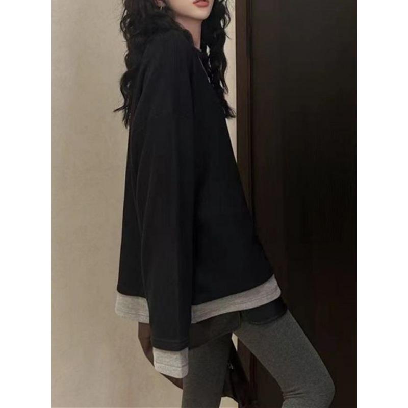 Contrast Color Fake Two-piece Bottoming Shirt for Women Autumn Winter Loose Mid-length Long-sleeved T-shirt Top