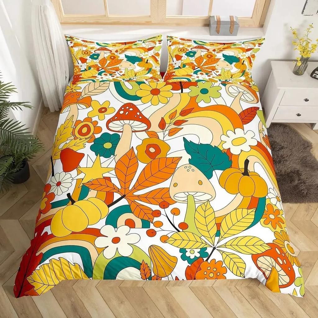 Wild Mushroom Duvet Cover Set Burgundy Plant Bedding Set For Kids Comforter Cover Soft Polyester King Queen Size With Pillowcase