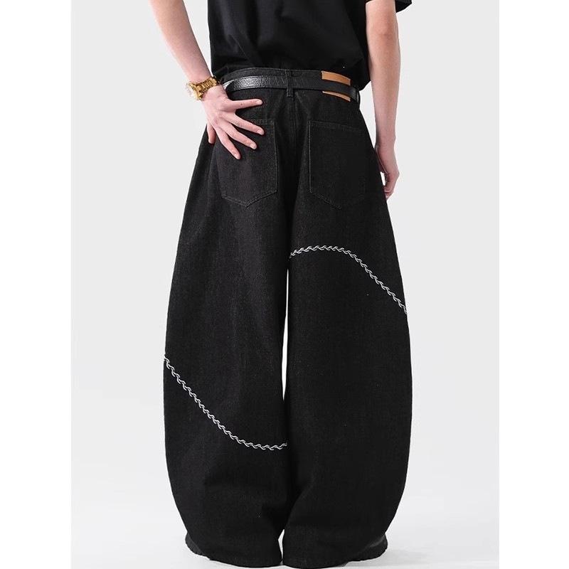 American retro embroidery design scimitar jeans men's solid color loose wide-leg casual floor pants