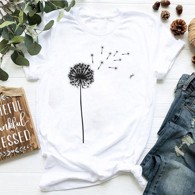 Women's dandelion floral print letter t-shirt - Trendy women's T-shirt with short sleeves Summer polyester fabric
