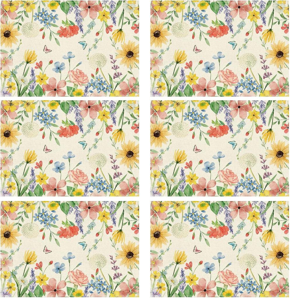Watercolor Wildflowers Spring Placemats Set of 6 Summer Table Mats for Party Home Kitchen Dining Table Decorations 12x18 Inch