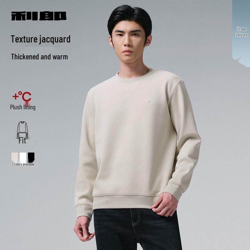 Lilang Men's Fleece-Lined Textured Jacquard Round Neck Long Sleeve T-Shirt