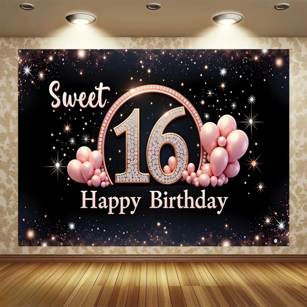 Golden Pink Balloon Diamond Rose Themed Banner Background Decorated Photography Background for Teenagers' 16th Birthday Party