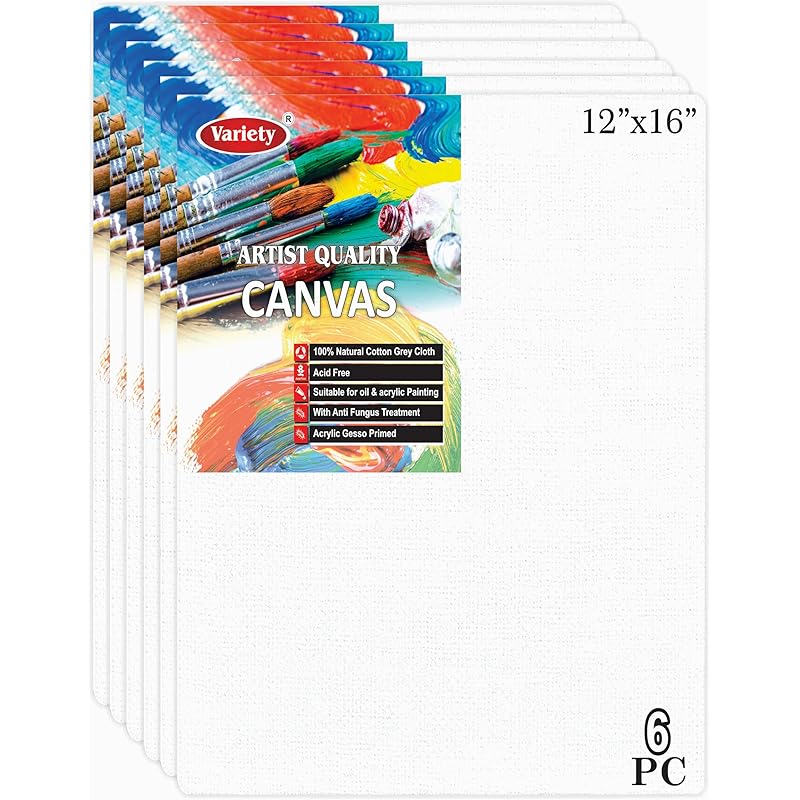 Variety Canvas 12 X 16 Inch Cotton Canvas Board For Painting, 7Oz Primed, Pack Of 6 Piece - White