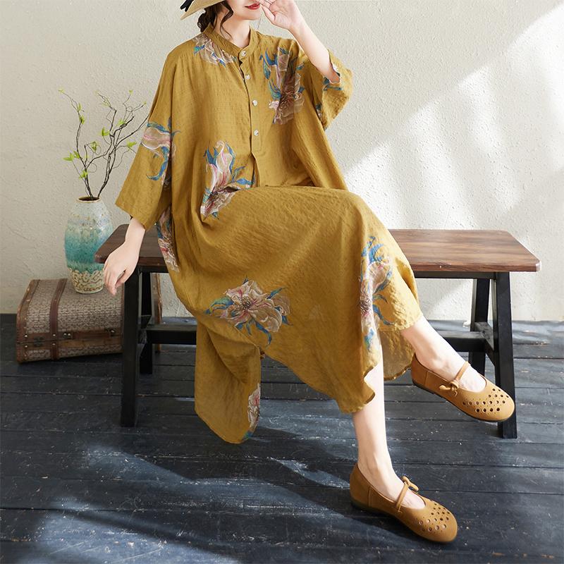 DIMANAF 2025 New Summer Women Linen Vintage Plus Size Long Dress Printing Casual Flower Loose Dress Maxi