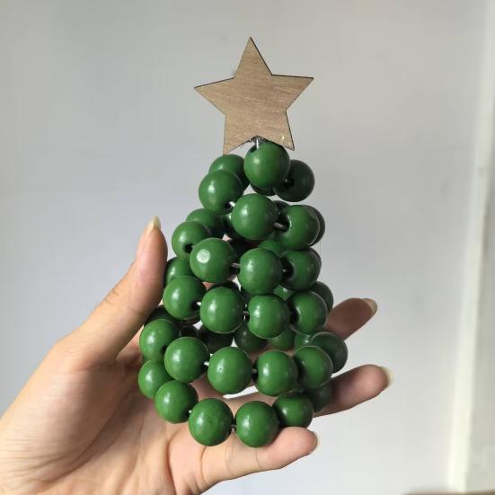 Nordic Wooden Spiral Christmas Tree Ornament Rustic Beaded Boho Christmas Tree Figurine for Home Office Farmhouse Centerpiece
