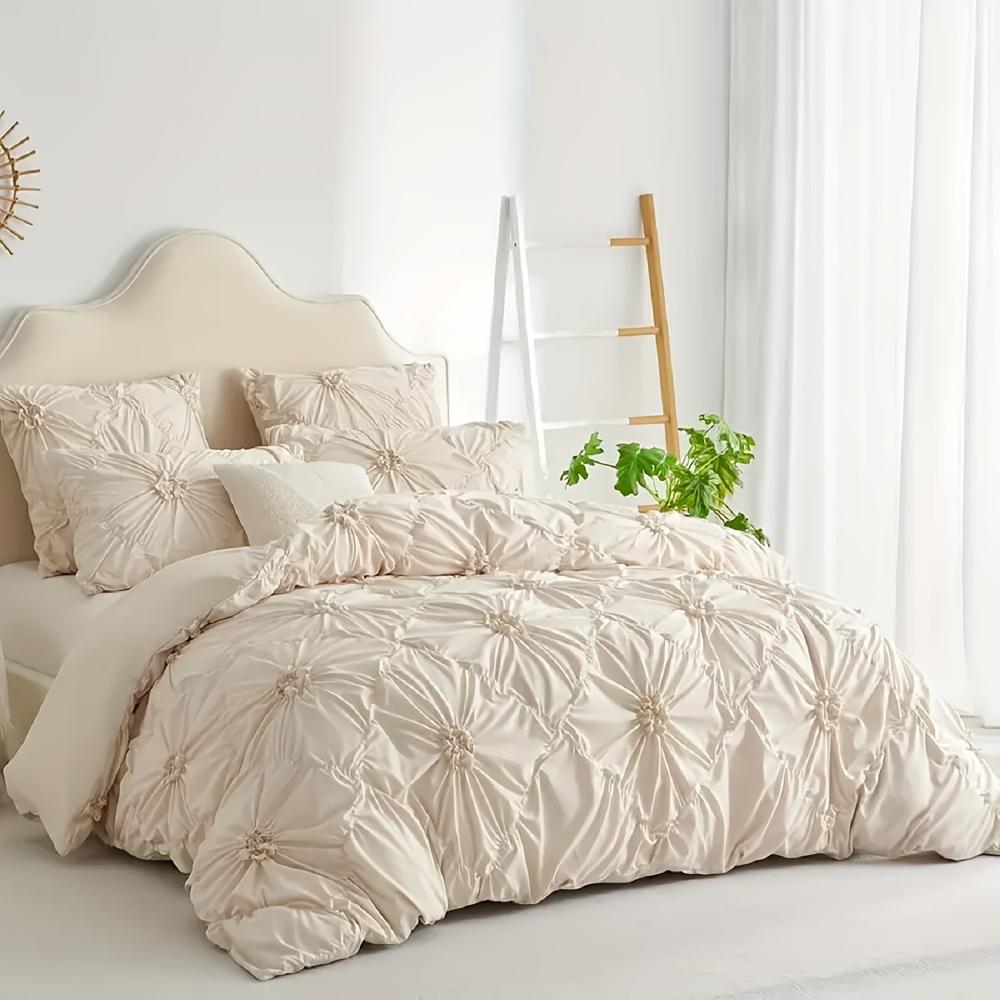 Beige Dreidimensionale Blume Bettbezug-Set Queen-Size Weiches Bettwäsche-Set Böhmisch Einfarbig Steppdeckenbezug-Set für Alle Jahreszeiten