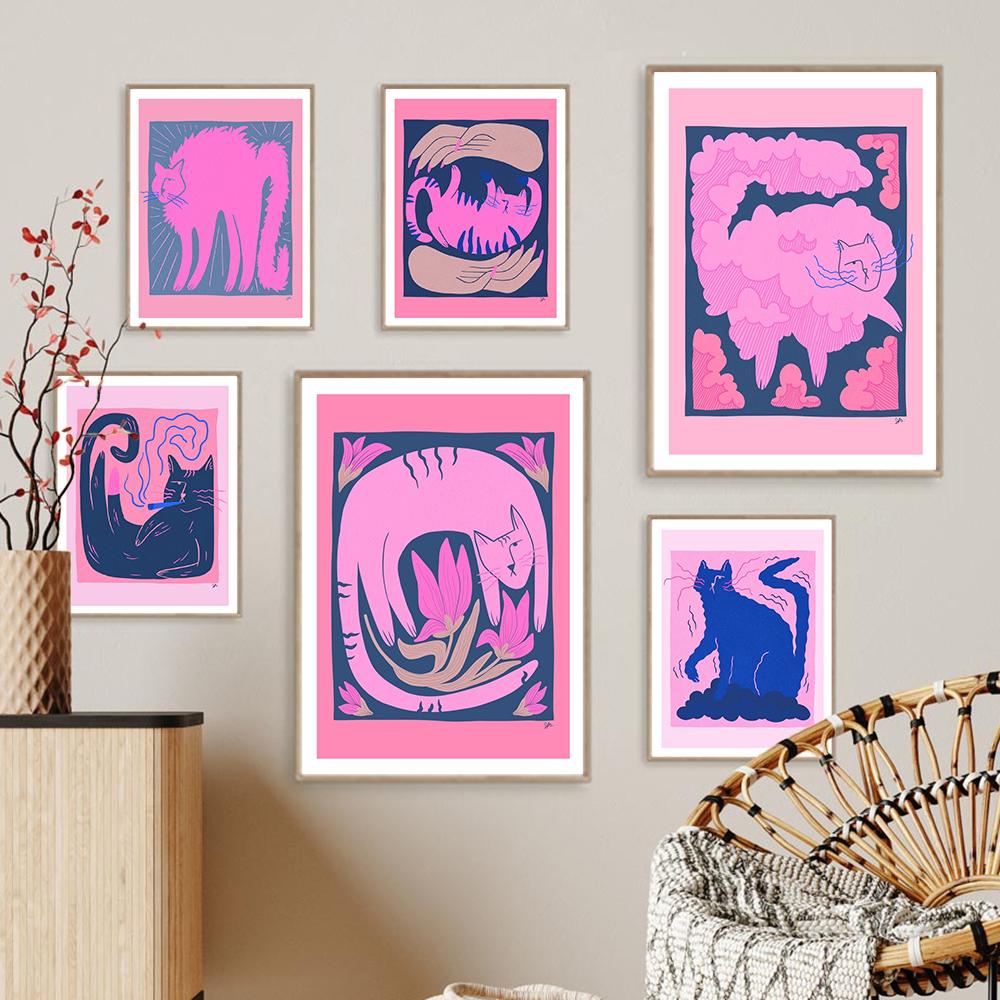 Fashion Smoking Cat Wall Art Pink Hipster Animal Cat Canvas Painting Nordic Posters And Prints Wall Picture For Kids Room Decor