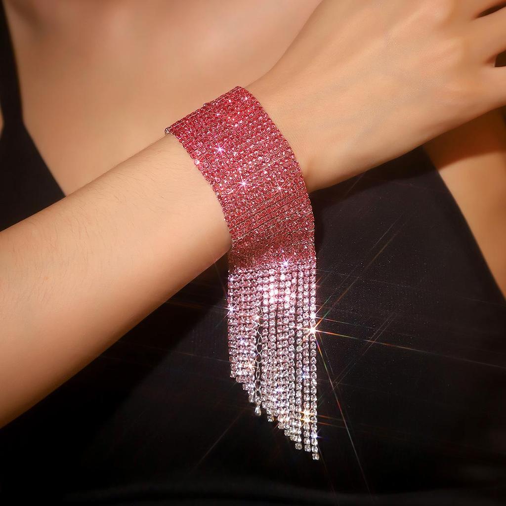 DINGKA Sparkly Wide Band Rhinestone Tassel Bracelet: Versatile Diamond Bangle for Women, Fashion Hand Jewelry.