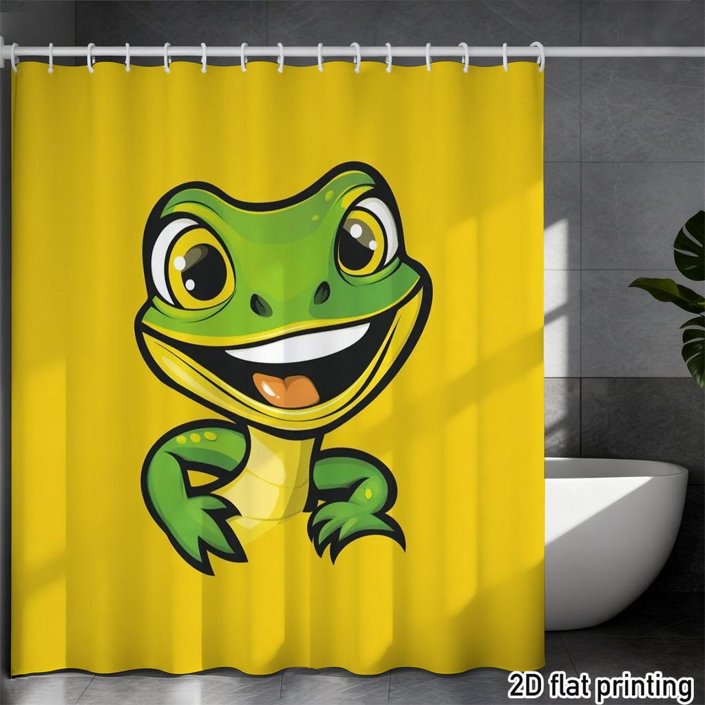Smiling Frog Shower Curtain – Cute Green Cartoon Reptile On Yellow, Waterproof Polyester, Kids & Family Bathroom Decor