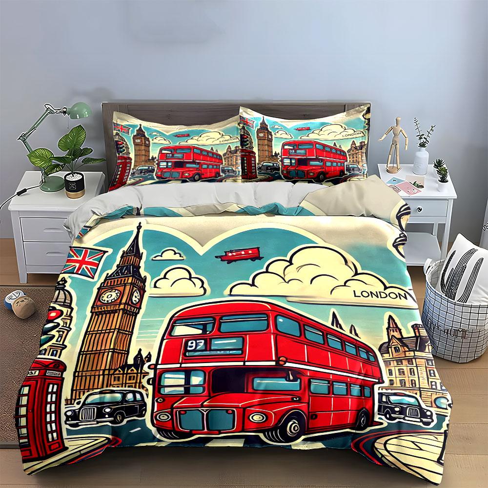 London Travel Icon Set Bedding Set with 1 Duvet Cover 2 Pillowcases Single Double King Queen, Gift