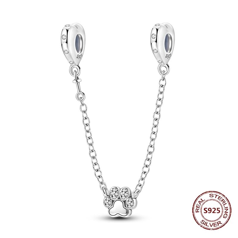 Copper Original Dog Cat Safety Chain Lazy Cat Pink Zircon Pet Paw Print Footprint Charms Fit Bracelet For Women Diy Jewelry