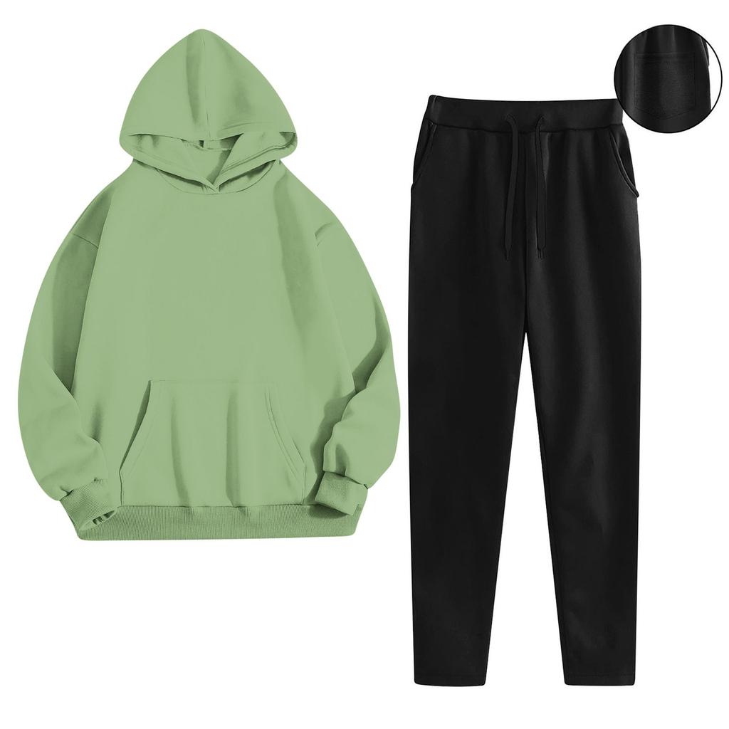Women's Fashionable Relaxed-Fit Hooded Sweatshirt With Pockets And Fleece-Lined Trousers Set