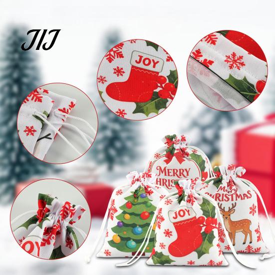 Kids Christmas Present Bags 2Pcs Drawstring Gift Bags, Xmas Tree Reindeer Printed Candy Treat Family Party Holders Pouches, Reusable Fabric