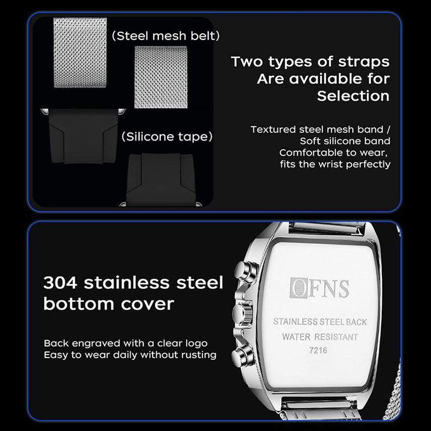 Herren Square Chronograph Armbanduhren Silikon-/Netzarmband, Luxuriöse Stilvolle Analoge Uhr für Arbeit & Streetwear