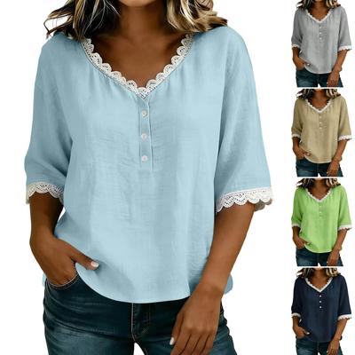 Women Short Sleeve Lace Tirm Shirts V Neck Button Shirts Loose Cotton Linen Tops