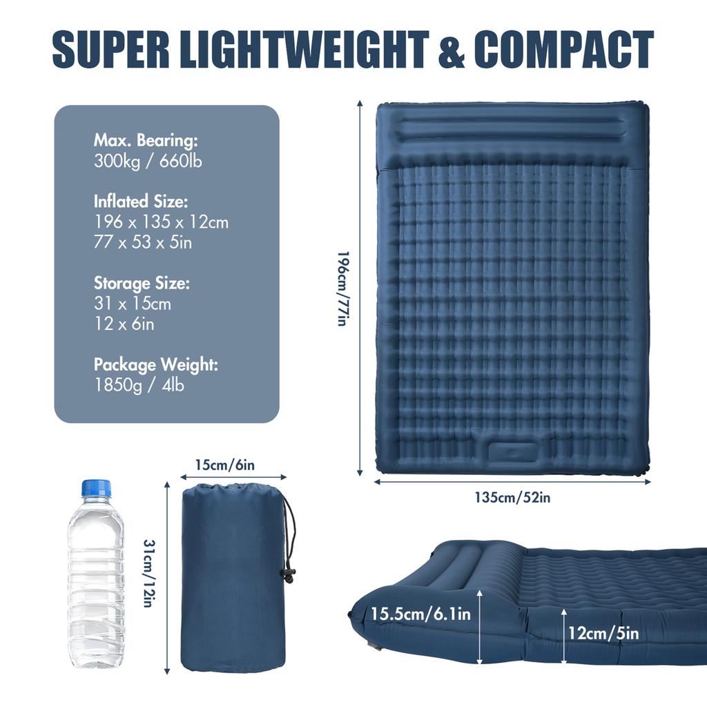 Inflatable Double Sleeping Pad Extra Thick 5 Inch Sleeping Pad Mat Air Mattress with Built In Pump for Camping