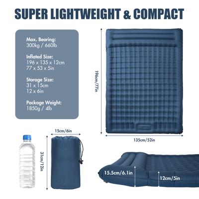 Inflatable Double Sleeping Pad Extra Thick 5 Inch Sleeping Pad Mat Air Mattress with Built In Pump for Camping