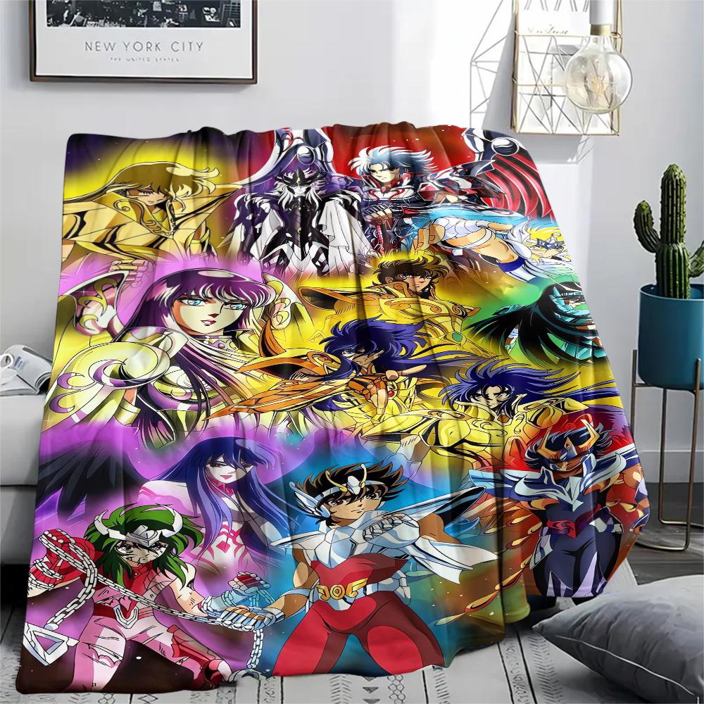 1Pc Saint Seiya Print Flannel Blanket, High quality Comfortable for All Seasons, Home Decor, Warmth and Comfort, Perfect for Christmas Gifts
