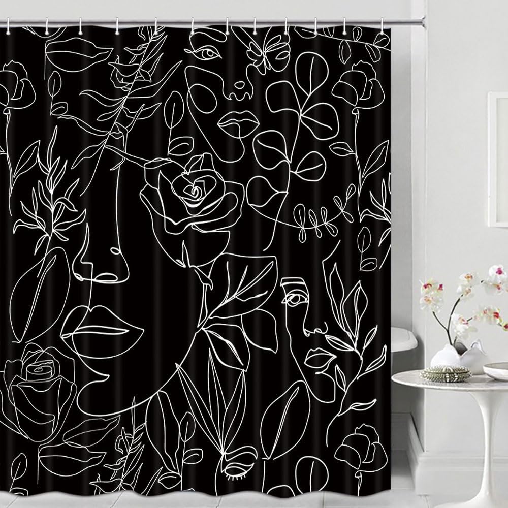 Black Line Female Face Shower Curtain Floral Butterfly Silhouette Simple Art Aesthetic Bathroom Decorative Curtain Waterproof