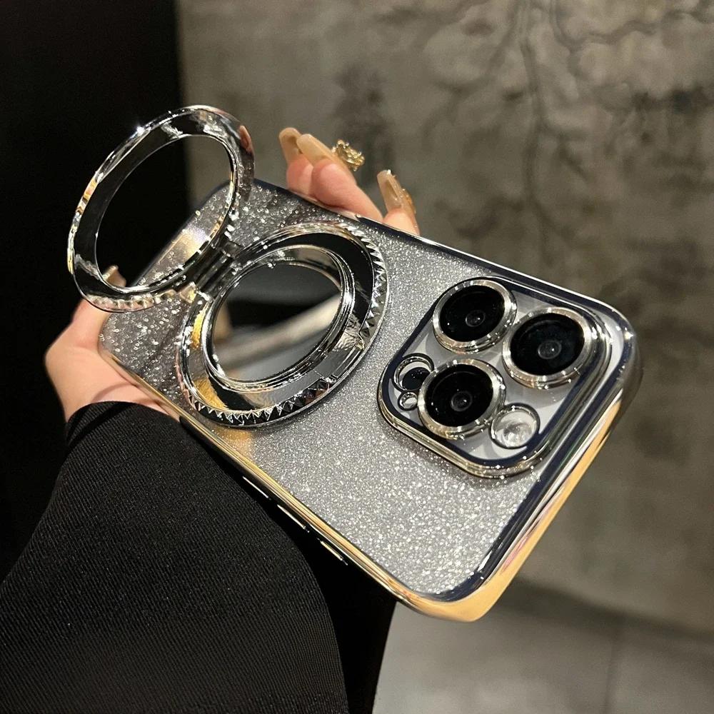 Glitter Gradient Mirror Bracket Case for iPhone 15 14 13 16 Pro Max 12 11 X Xr Xs 8 7 Plus for Magsafe Ring Holder Plating Cover