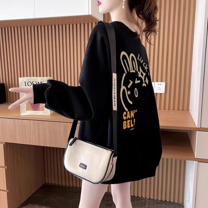 Foreign style age-reducing crew neck sweater for women's Japanese lazy style loose velvet large size cartoon printing