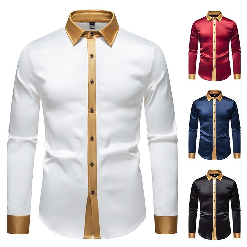 Men S Fashion Satin Smooth Color Block Long Sleeve Shirt