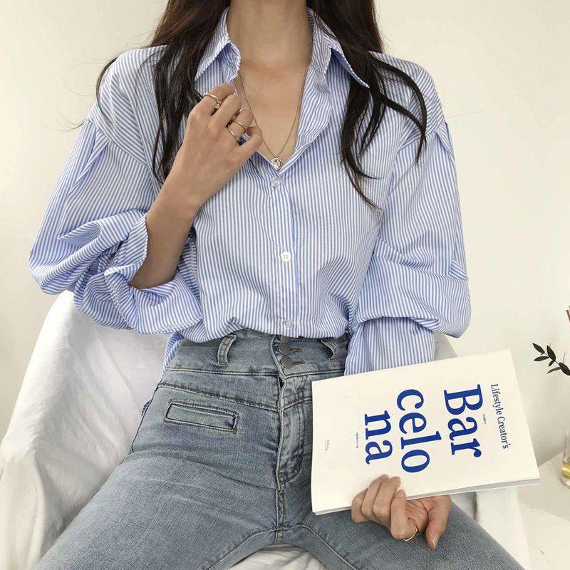 2024 Korean-Style Loose Striped Shirt for Women - Trendy Spring & Autumn Top