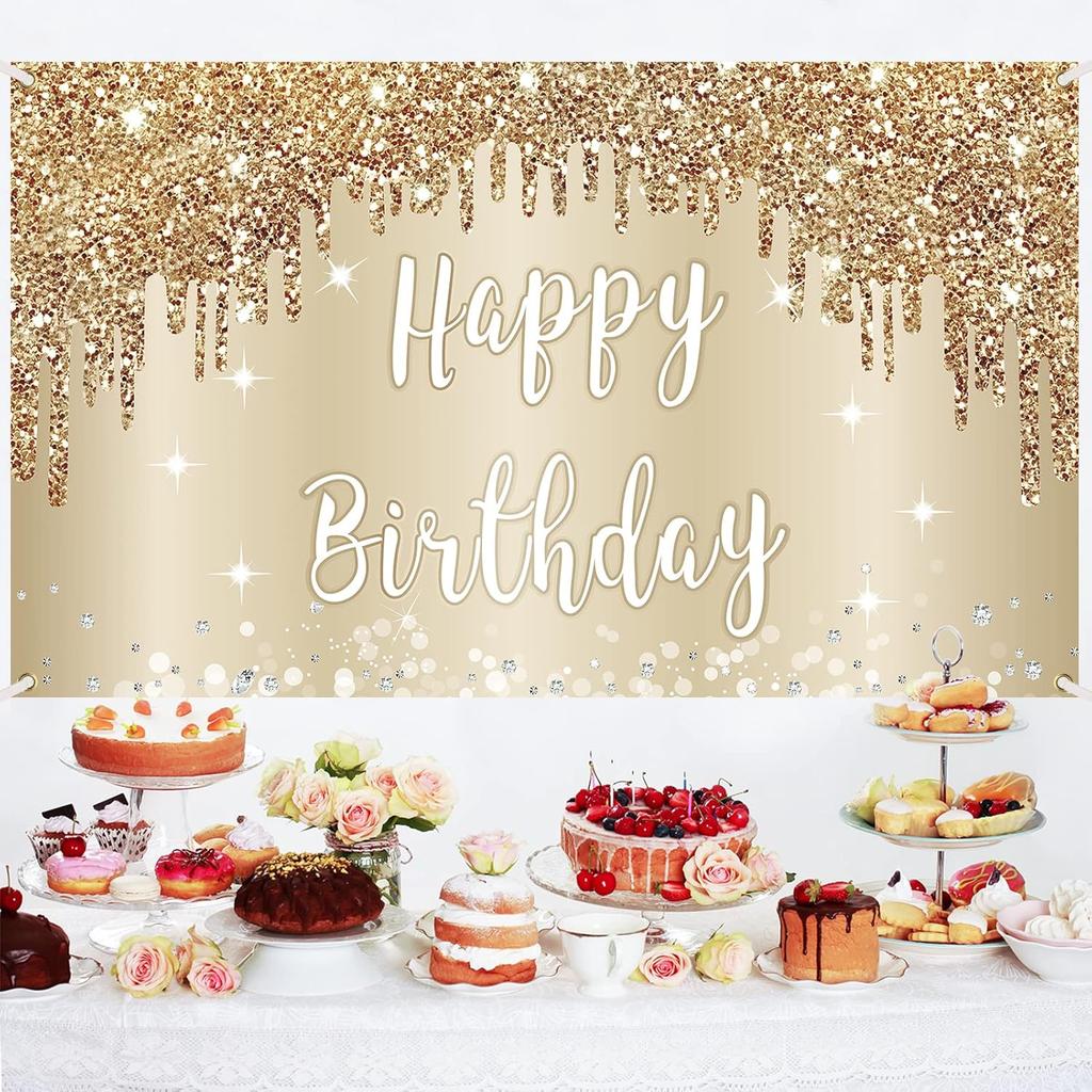 Gold White Happy Birthday Banner Decorations for Women Girls, Gold Glitter Happy Birthday Backdrop Party Supplies, 16th 18th 21st 30th 40th 50th 60th