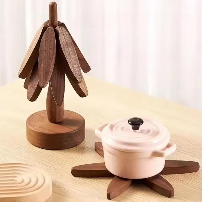 4PCS Wooden Trivets for Hot Dishes Folding Tree Shape Black Walnut Table Mat Holders Heat Insulated Pad Set Coasters for Pots