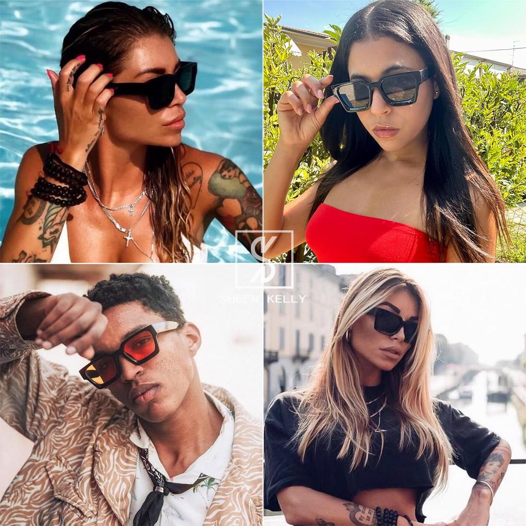 Retro Fashionable Rectangular Sunglasses Glasses Color Lens Men Women Rectangular Classic Black Glasses UV400 [SHEEN KELLY]